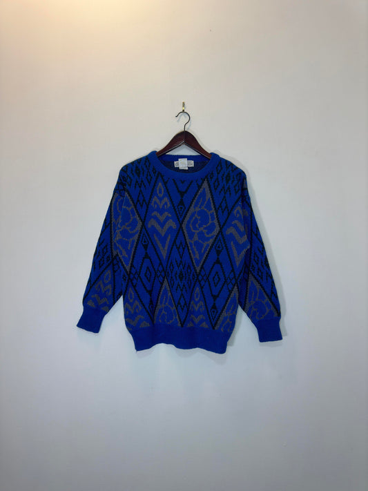 VTG x Clarissa Bellini x Blue Diamond Patterned Pullover Knit Sweater - M