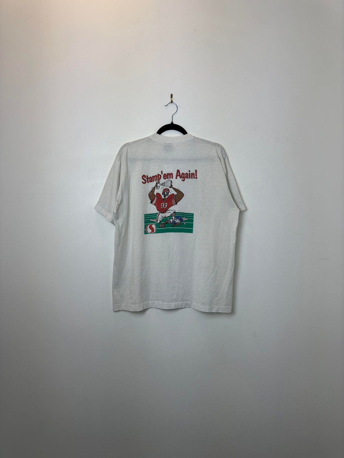 VTG x Fruit of the Loom x Calgary Stampeders x 1993 Red Rush x Stamp'em Again! White Single Stitched Graphic Tee - XL