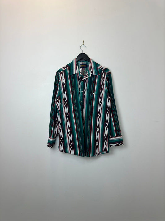 VTG x Panhandle Slim x Tribal Print x Green Maroon Patterned Western Long Sleeve Button Up - L