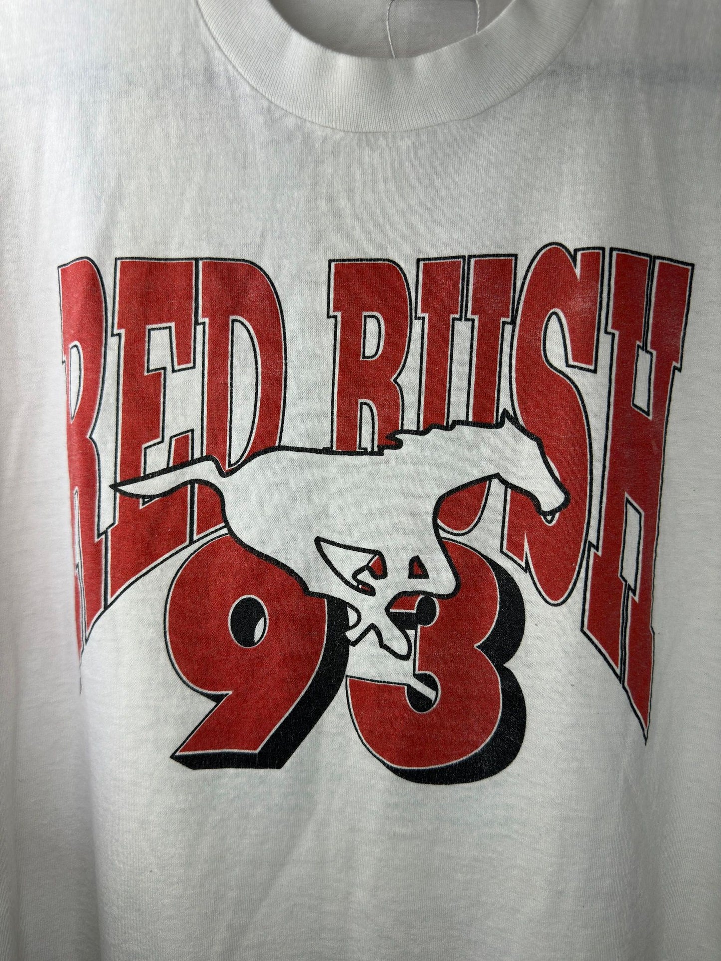 VTG x Fruit of the Loom x Calgary Stampeders x 1993 Red Rush x Stamp'em Again! White Single Stitched Graphic Tee - XL