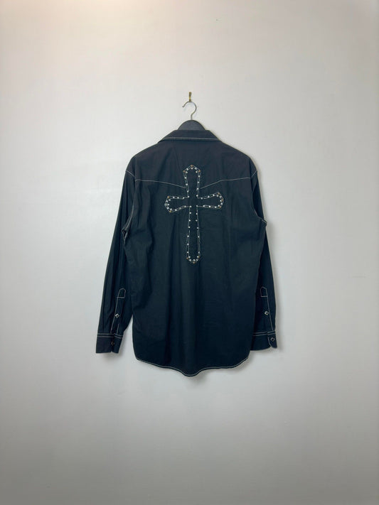 Y2K x Classic Western x Bedazzled Cross x Black w/ White Stitching Long Sleeve Western Button Up - XL