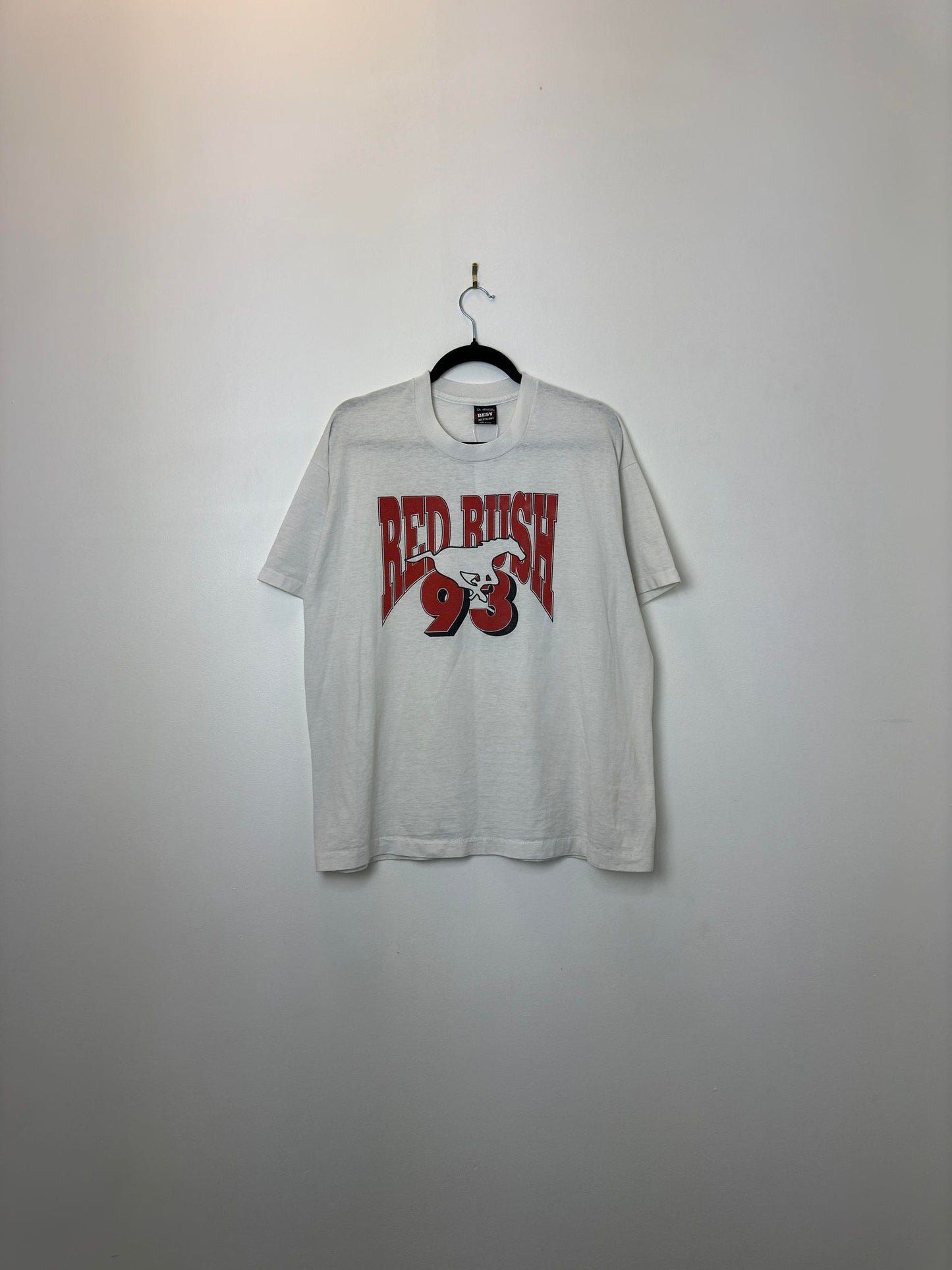 VTG x Fruit of the Loom x Calgary Stampeders x 1993 Red Rush x Stamp'em Again! White Single Stitched Graphic Tee - XL