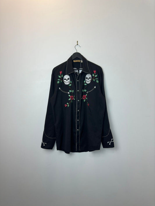 Skully x Skull & Roses Embroidery x Black Long Sleeve Western Button Up - L