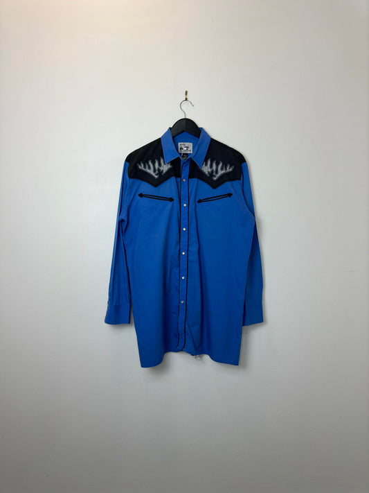 VTG x Johnny West x Flame Embroidery x Blue Black 2-Tone Western Long Sleeve Button Up - 16 1/2 (L)