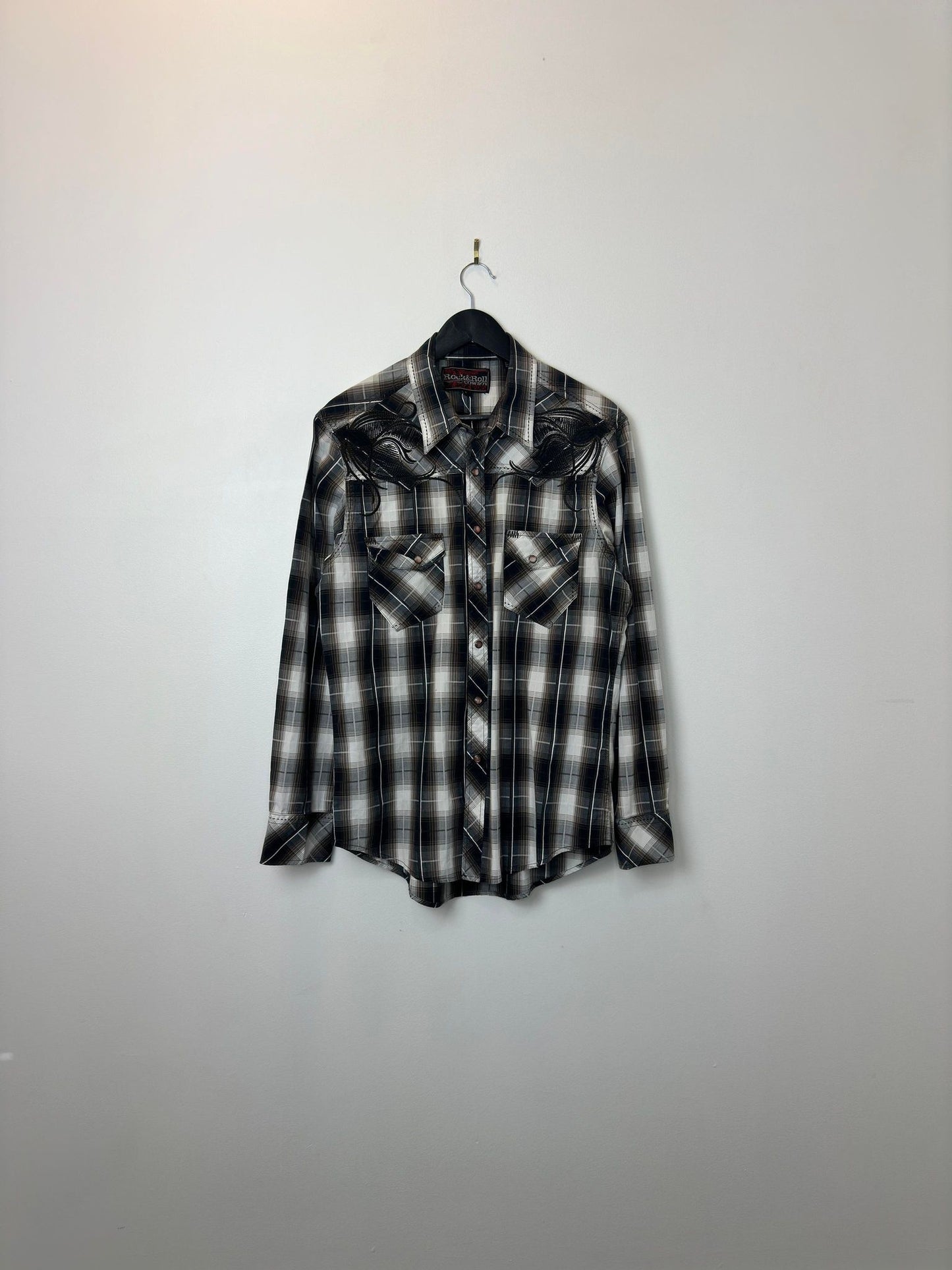 Rock & Roll Cowboy x Brown checkered Long Sleeve Western Button Up - L