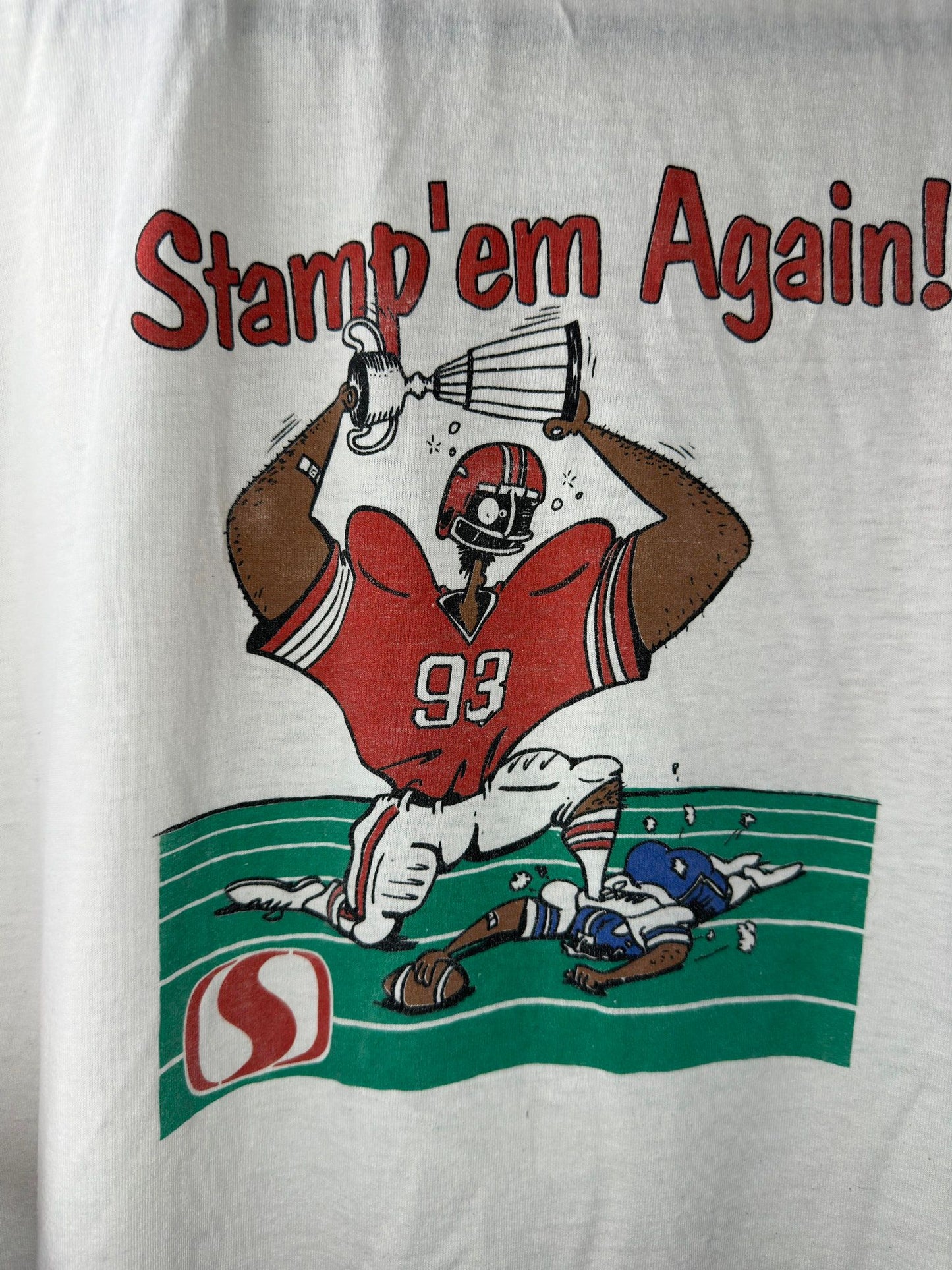 VTG x Fruit of the Loom x Calgary Stampeders x 1993 Red Rush x Stamp'em Again! White Single Stitched Graphic Tee - XL