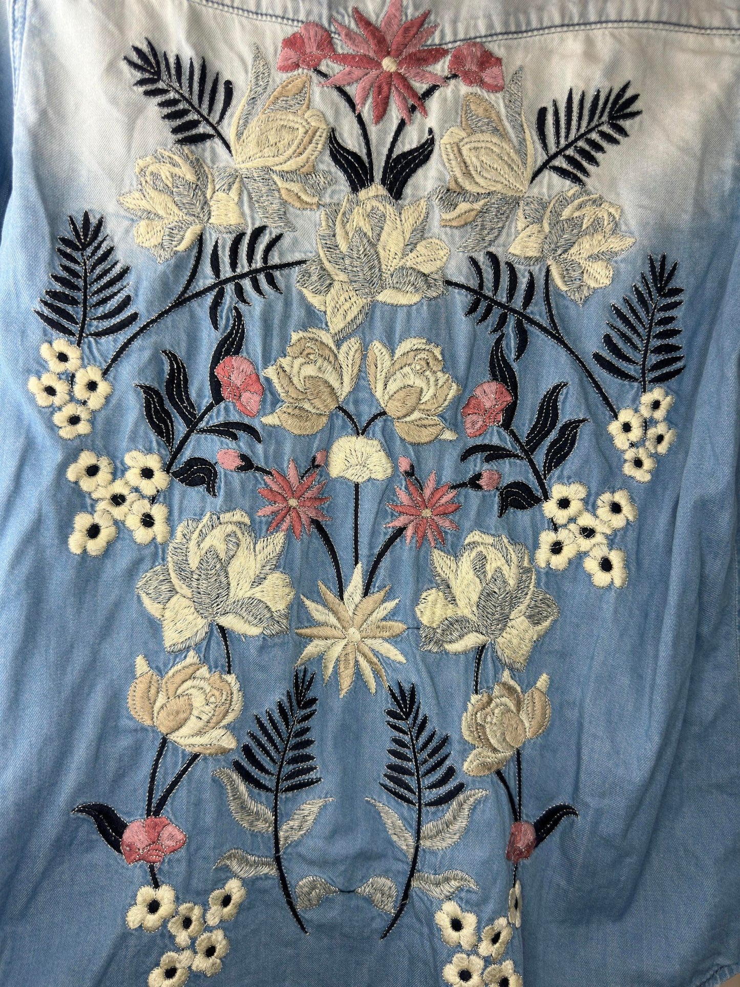 Driftwood x Flower Embroidery x Faded Denim Western Long Sleeve Button Up - L