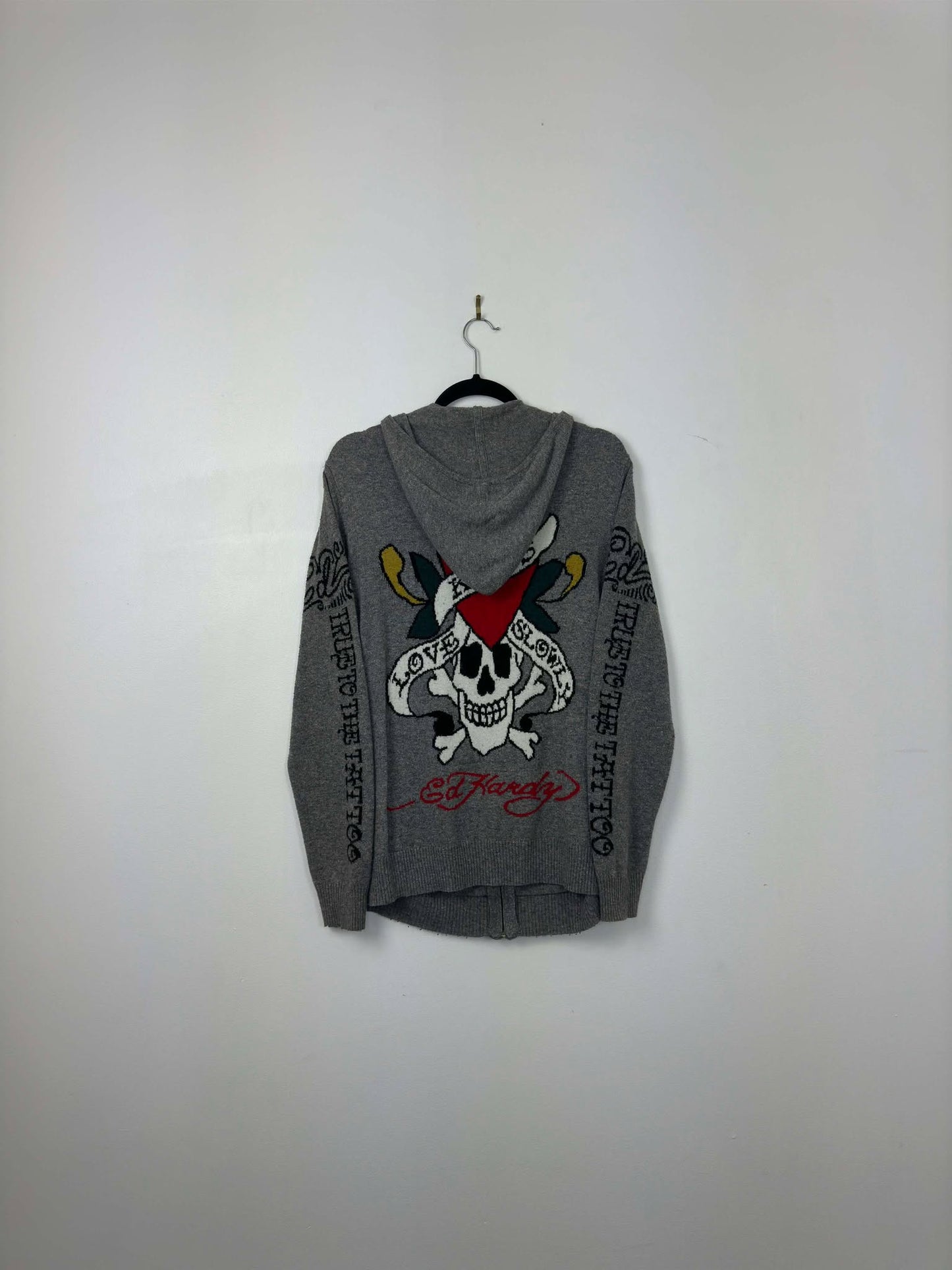 Y2K x Ed Hardy x Love Kills Slowly x Grey Hooded Zip Up Knit Sweater - Women's L