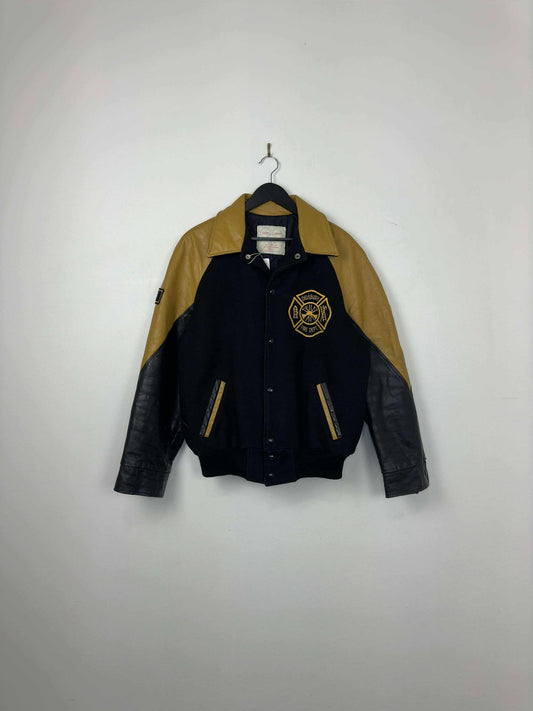 VTG x Club Crest Jackets x Didsbury Fire Department x Black Yellow Varsity Style Leather Jacket -Cut Tag (M)