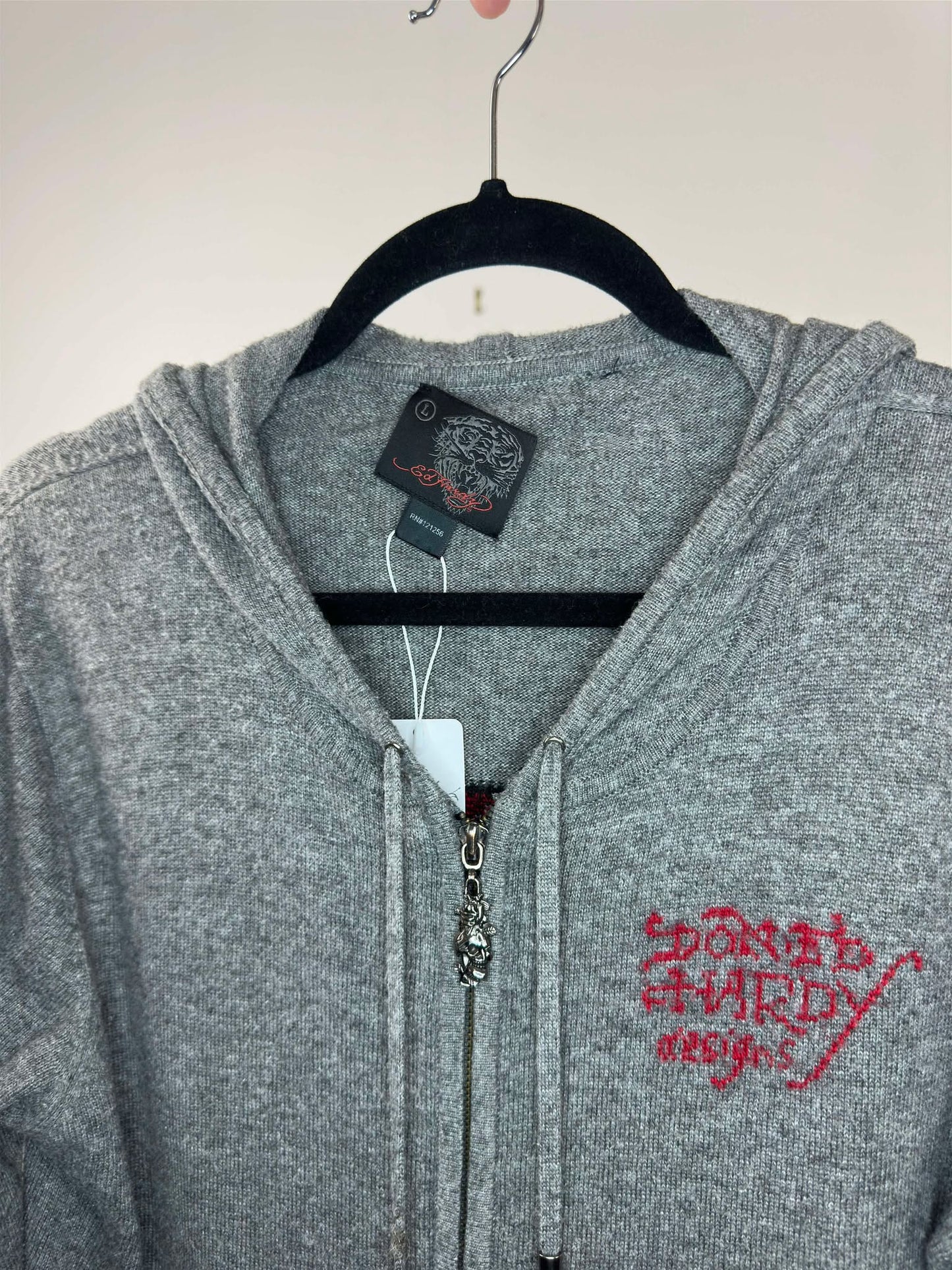 Y2K x Ed Hardy x Love Kills Slowly x Grey Hooded Zip Up Knit Sweater - Women's L