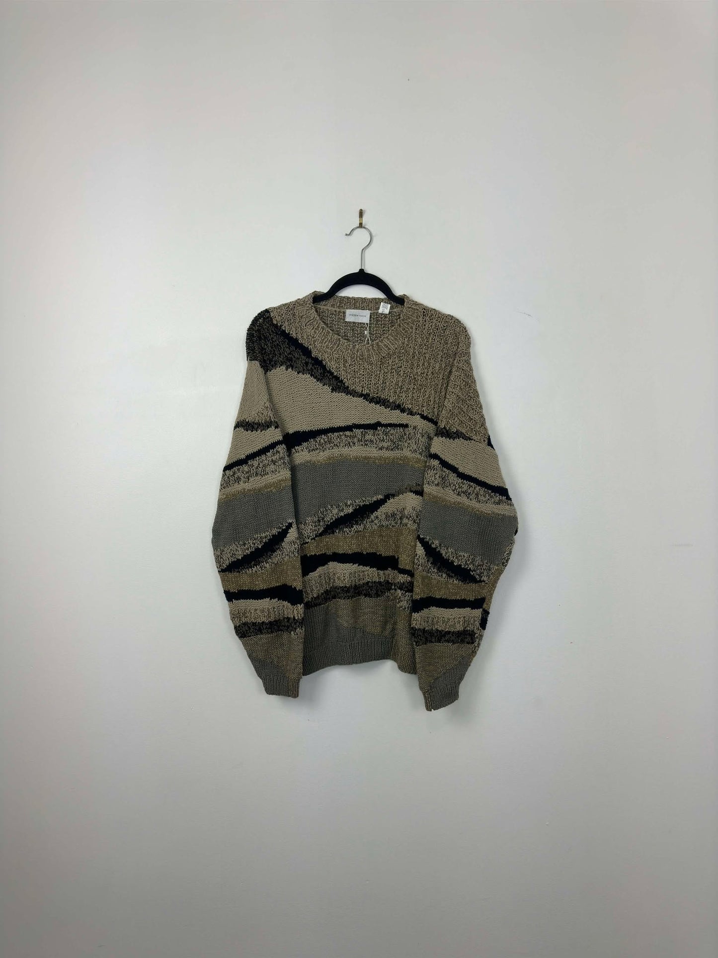 VTG x Andrew Fezza x Beige Brown Black Pattern Pullover Knit Sweater - Cut Tag (L)