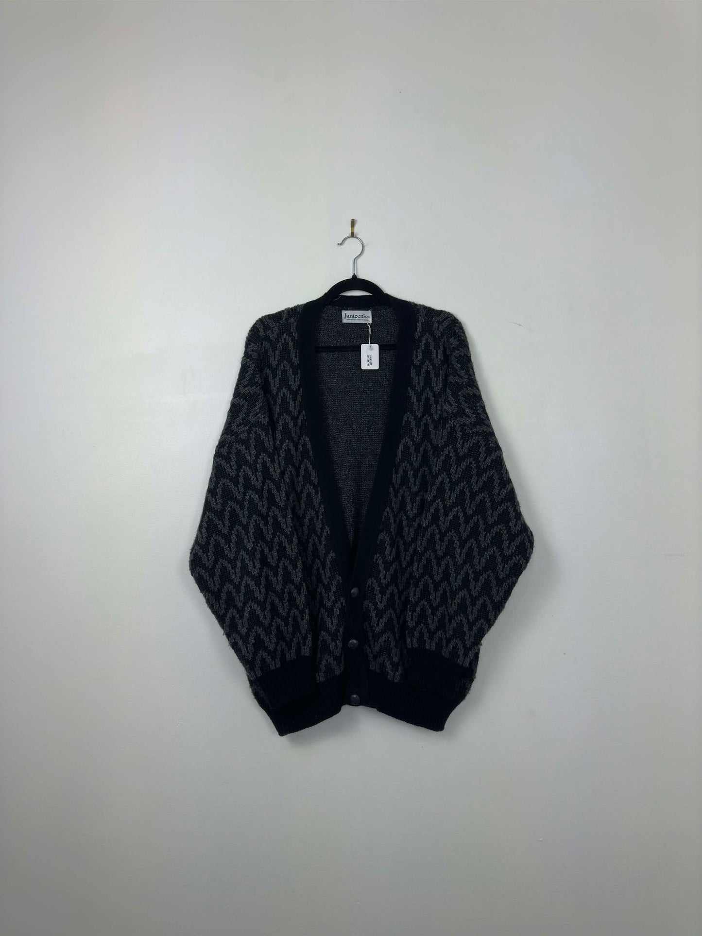 VTG x Jantzen x Black Grey Wavy Pattern Button Up Knit Cardigan - XL