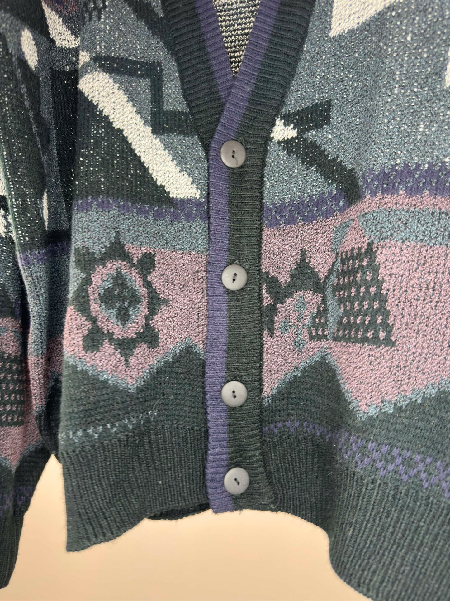 VTG x Nino Foriero x Black Violet Crazy Pattern Button Up Knit Cardigan - M