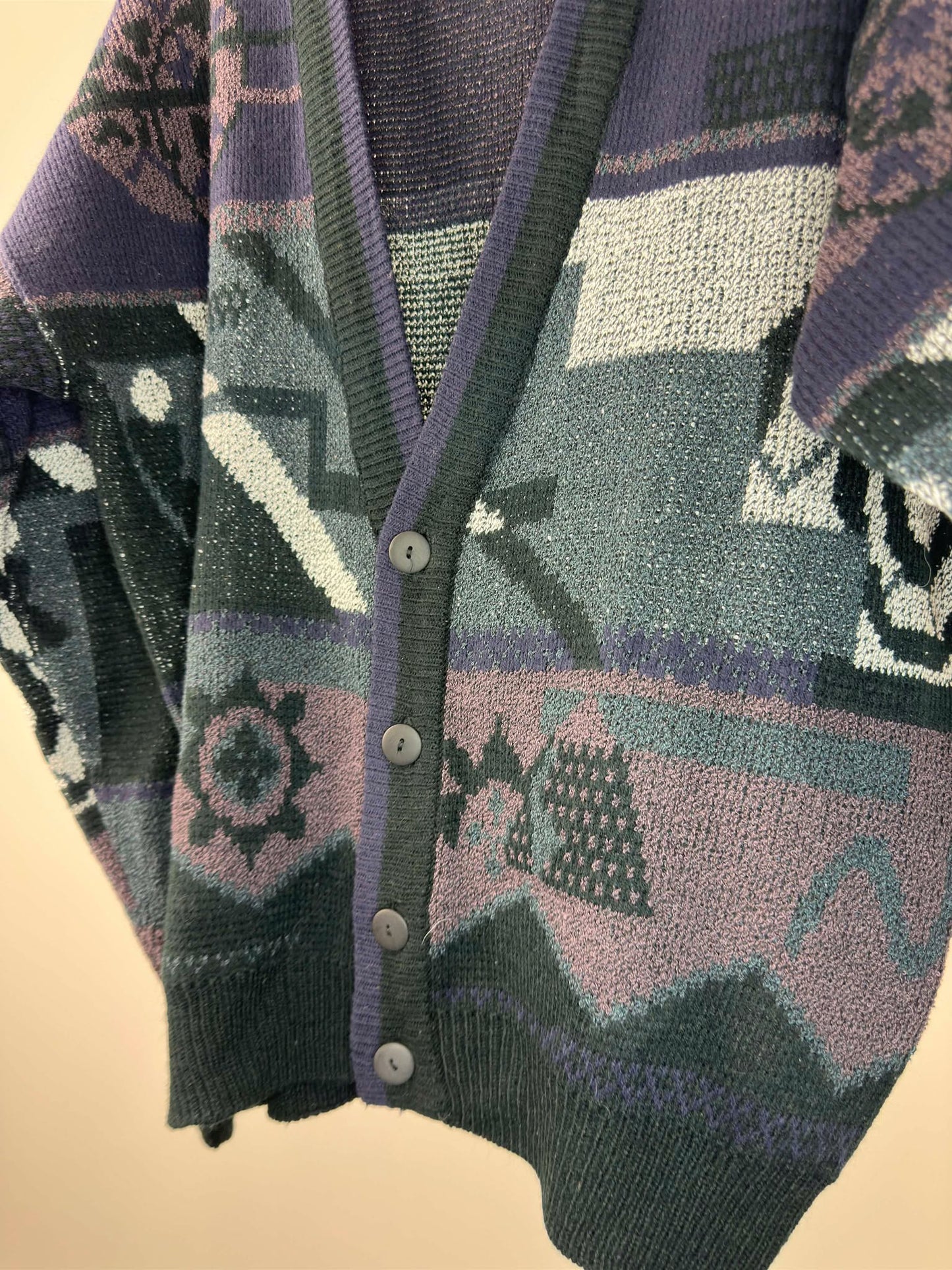 VTG x Nino Foriero x Black Violet Crazy Pattern Button Up Knit Cardigan - M