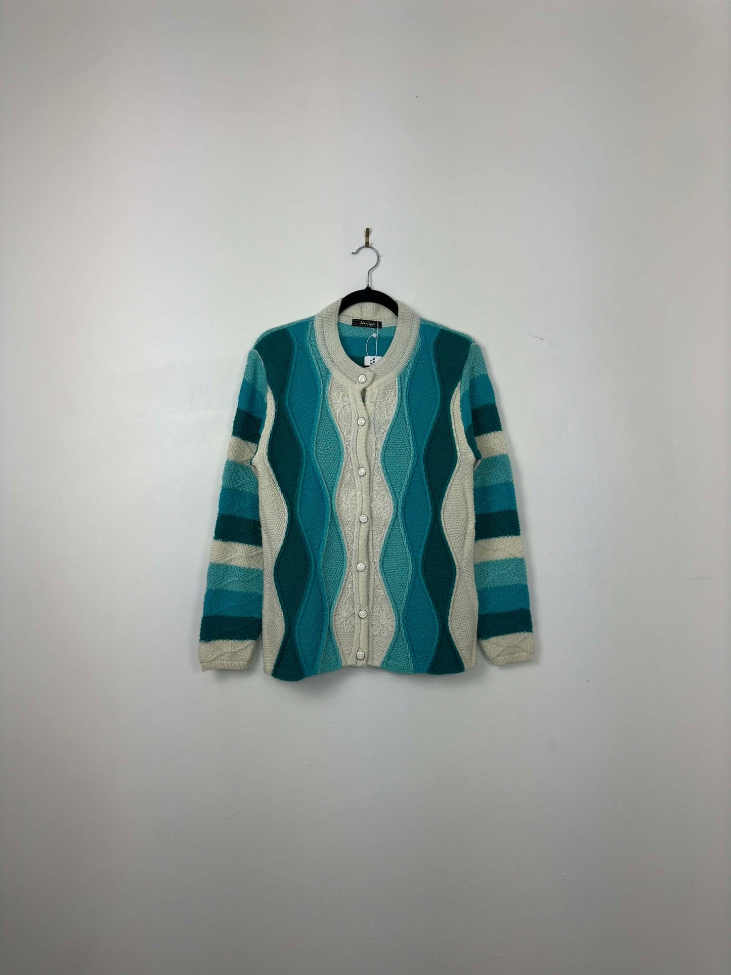 VTG x Janiya x White Blue Teal 3D Knit Pattern Button Up Cardigan - Cut Tag (S/M)