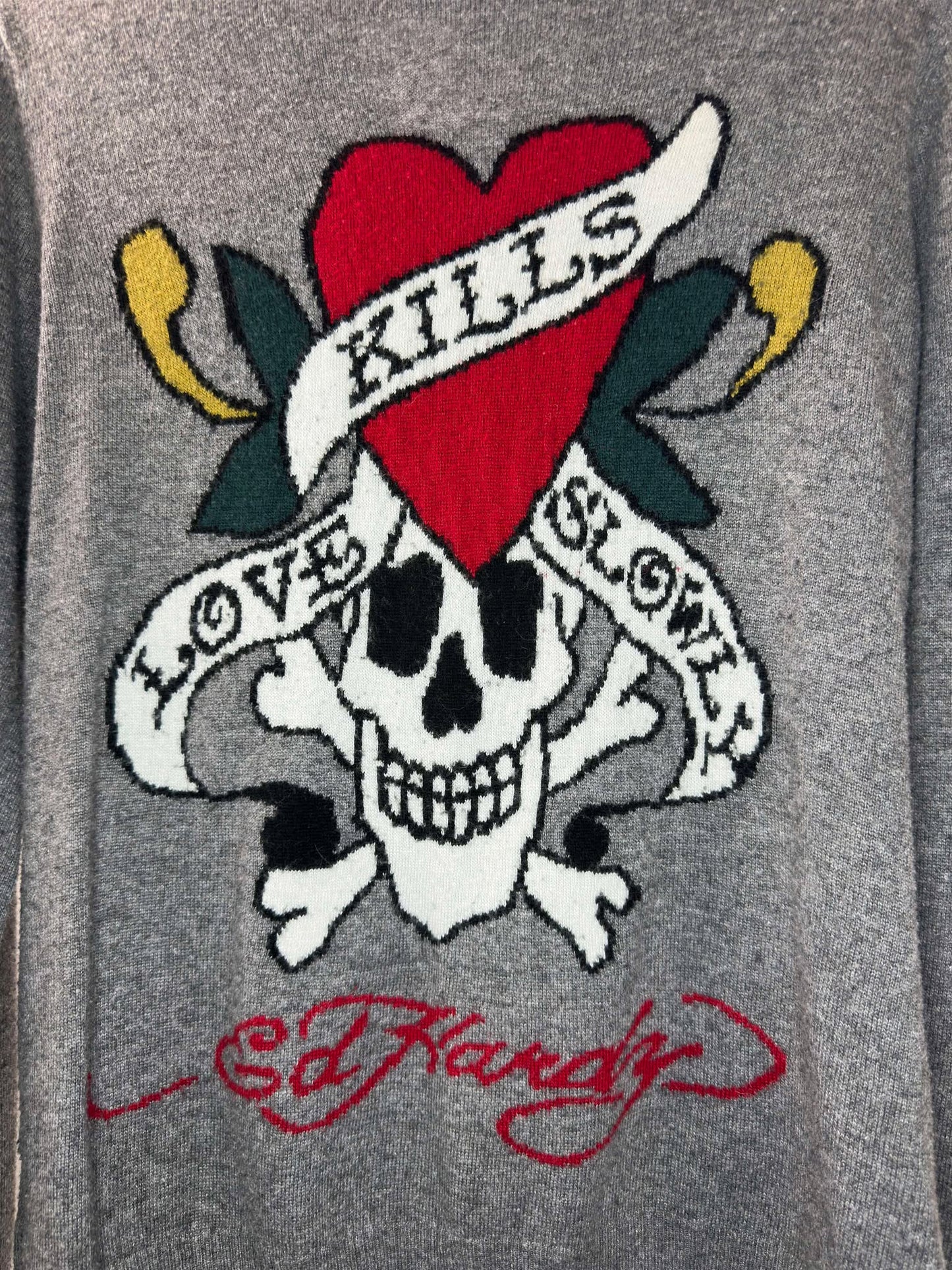 Y2K x Ed Hardy x Love Kills Slowly x Grey Hooded Zip Up Knit Sweater - Women's L