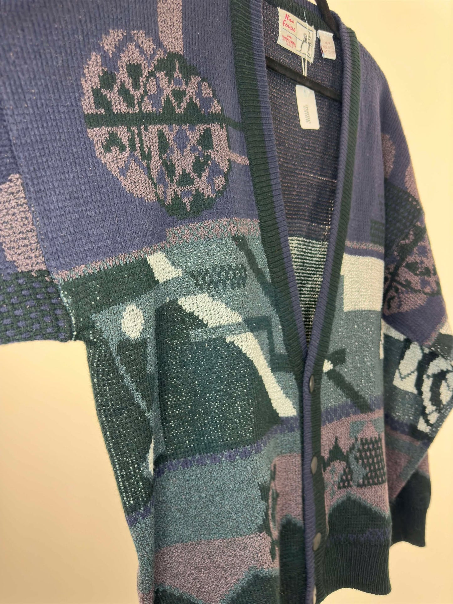 VTG x Nino Foriero x Black Violet Crazy Pattern Button Up Knit Cardigan - M