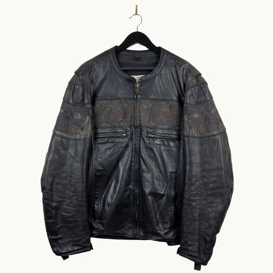 Open Road Skull Wrap Around Pattern Genuine Leather Biker Jacket