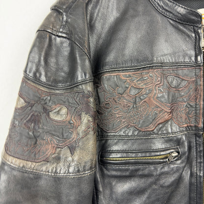 Open Road Skull Wrap Around Pattern Genuine Leather Biker Jacket