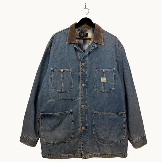 Vintage Double RRL Ralph Lauren Chore/Barn Style Long Denim Plaid Lined Jacket