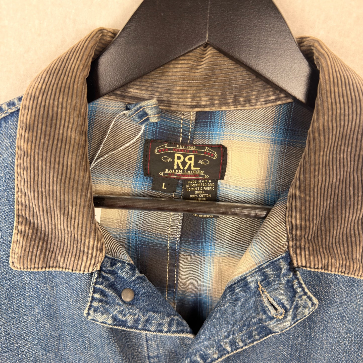 Vintage Double RRL Ralph Lauren Chore/Barn Style Long Denim Plaid Lined Jacket