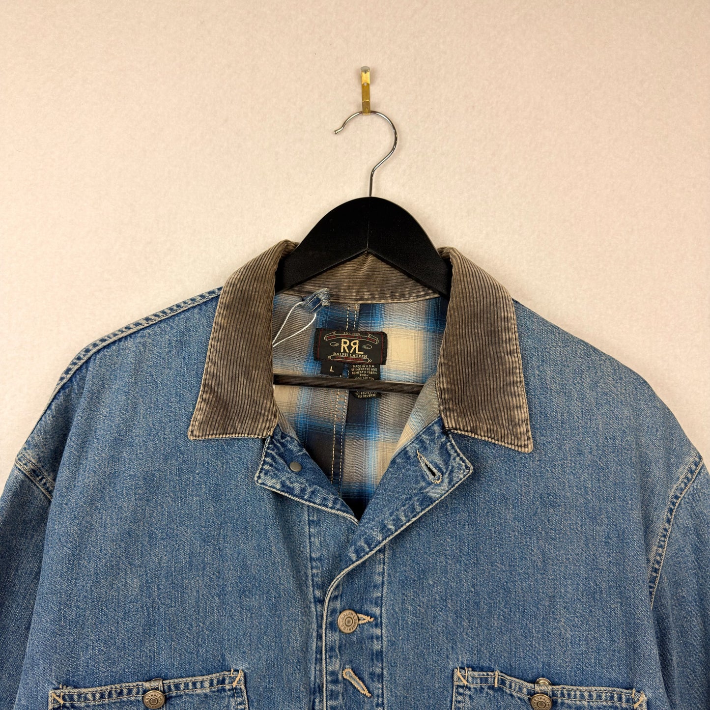 Vintage Double RRL Ralph Lauren Chore/Barn Style Long Denim Plaid Lined Jacket