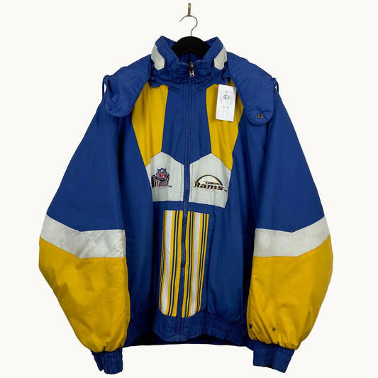 Vintage St. Louise Rams NFL Blue and yellow jacket with visible branding on a white background