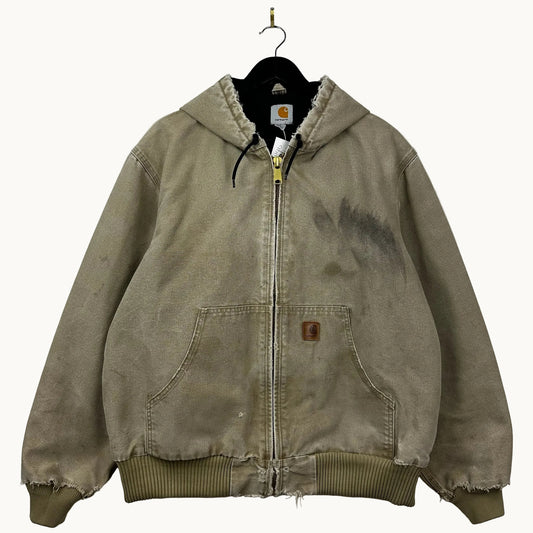 Vintage Carhartt J130 Beige Active Style Full Zip Heavy Distressed Insulated Jacket