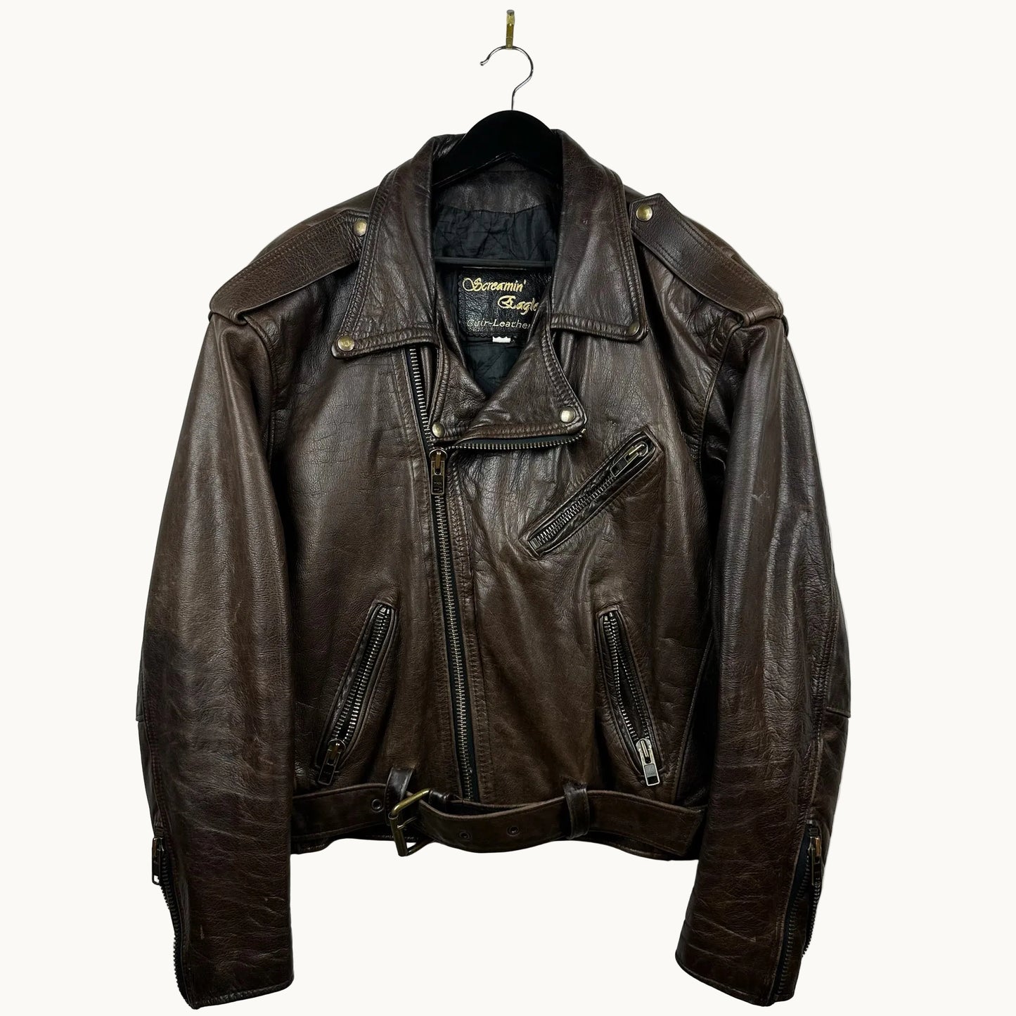 Screamin Eagle Brown Genuine Leather Biker Jacket