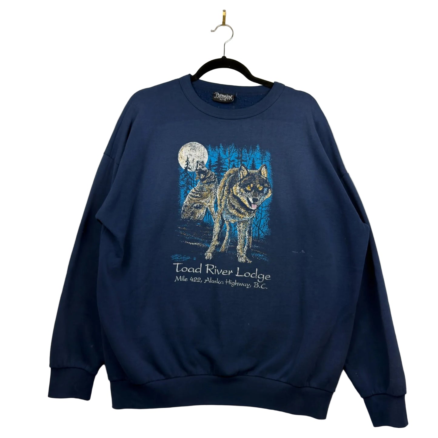 Vintage Premiere Toad River Lodge Wolf Navy Pullover Crewneck