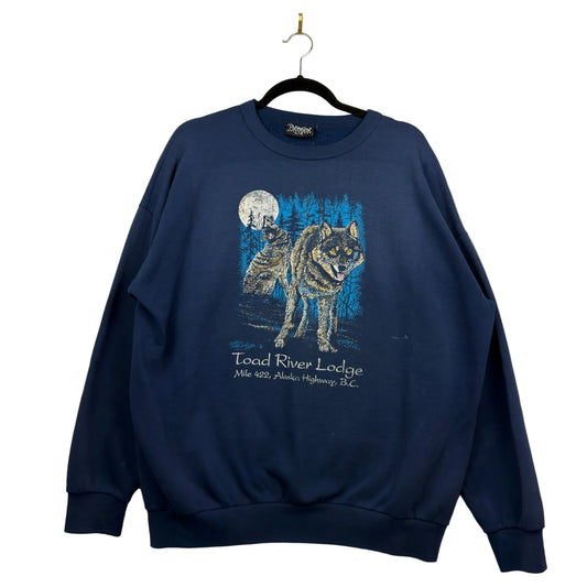 Vintage Premiere Toad River Lodge Wolf Navy Pullover Crewneck