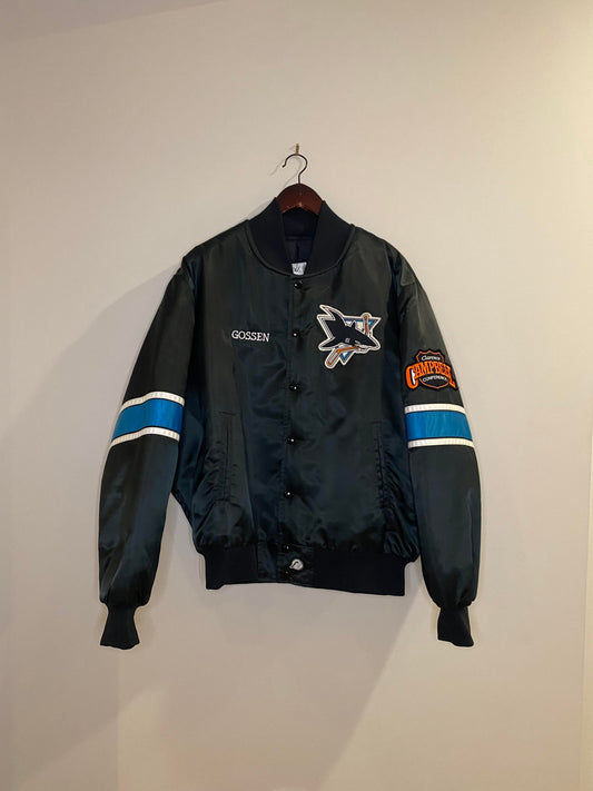 VTG x NHL x San Jose SHARKS Button-Up Satin Bomber Jacket - XL