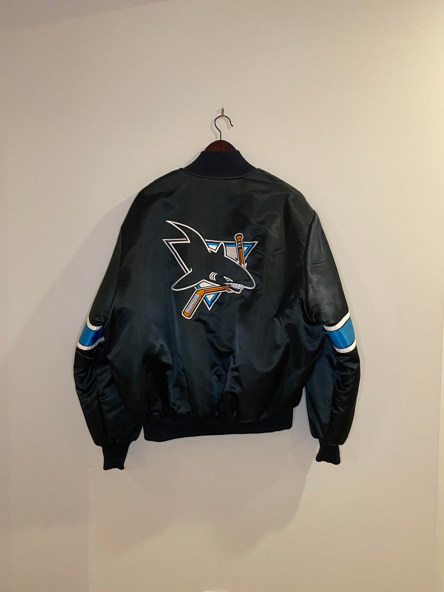 VTG x NHL x San Jose SHARKS Button-Up Satin Bomber Jacket - XL