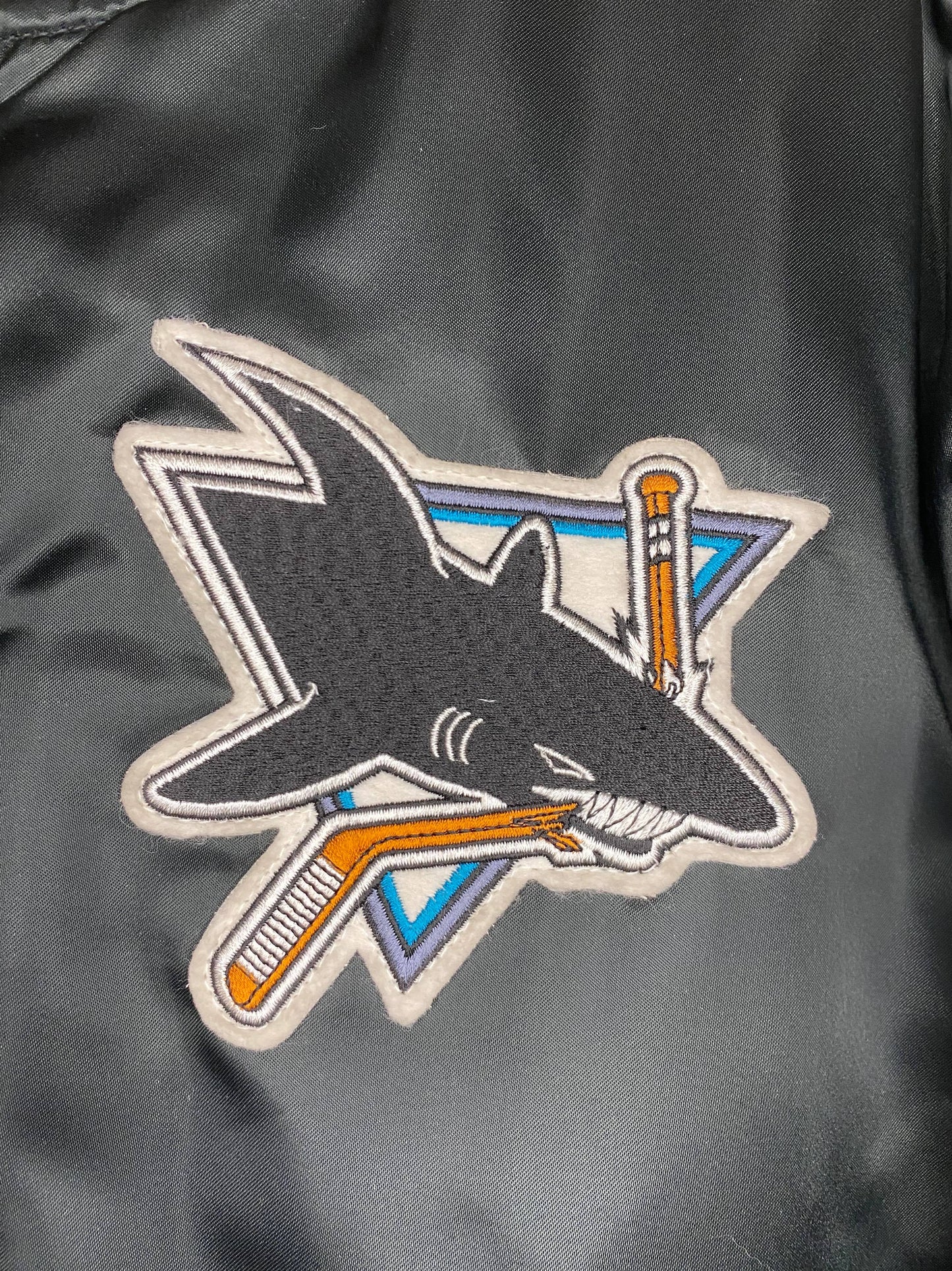 VTG x NHL x San Jose SHARKS Button-Up Satin Bomber Jacket - XL